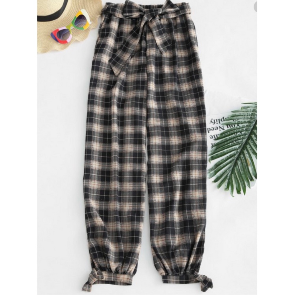 Zaful  Belted Hem Checkered Pants - Multi